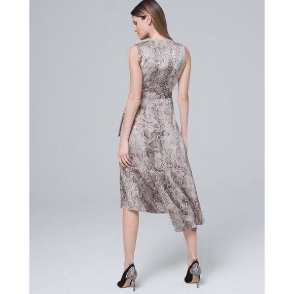 White House Black Market Women's Dress 4 Wrap Midi Snake Gray Sleeveless Hi Low - Picture 7 of 15